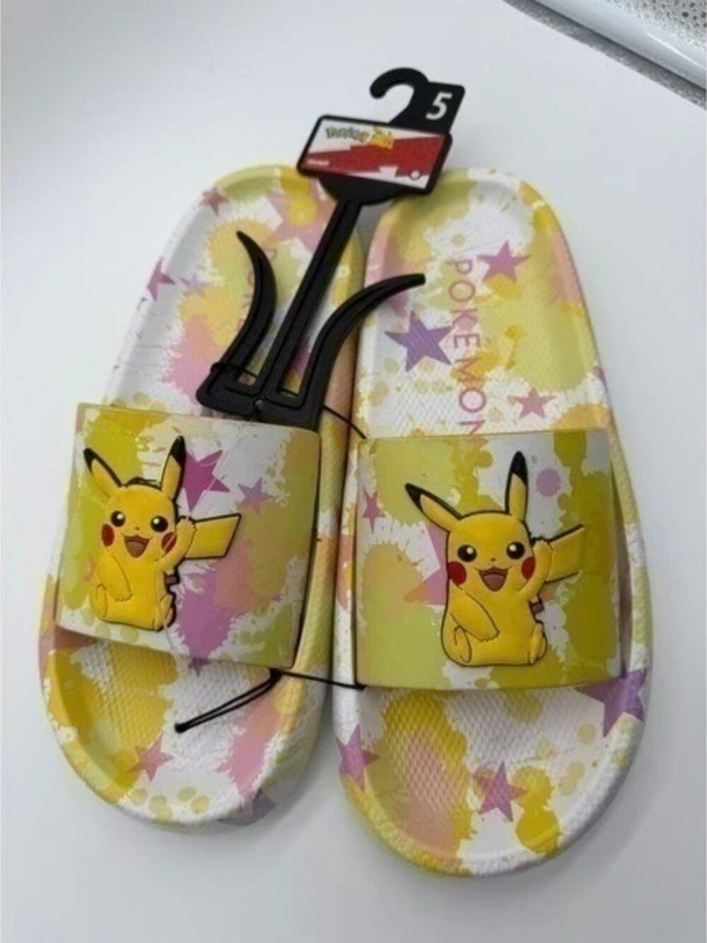 Pokemon Pikachu Slide Sandals Size 5 Multicolor Splash Print